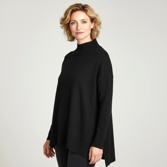 Eileen Fisher 100% Extra Fine Merino Wool Mock Neck Sweater Black Size XL - Picture 1 of 6